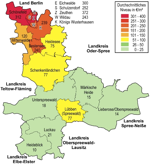 Durchschnittliches Bodenrichtwertniveau für Wohn- und gemischte Bauflächen 2020