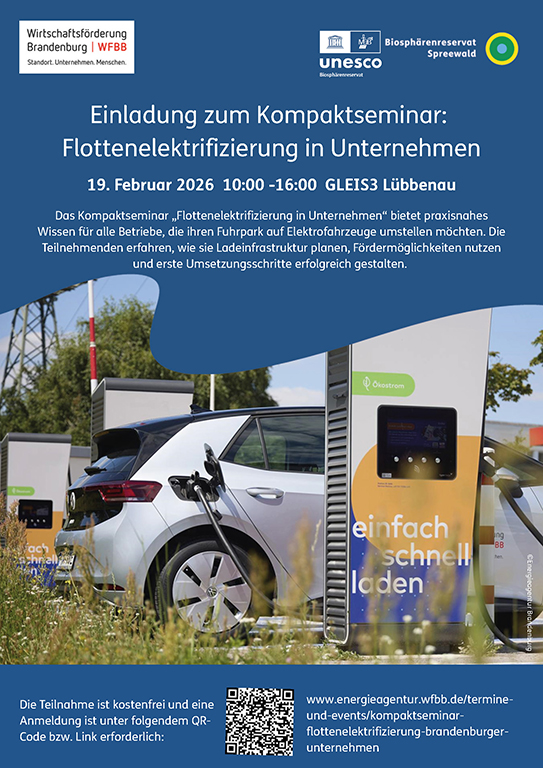Zu sehen ist das Ankündigungsplakat zum Seminar 'Flottenelektrifizierung in Unternehmen' in Lübbenau.