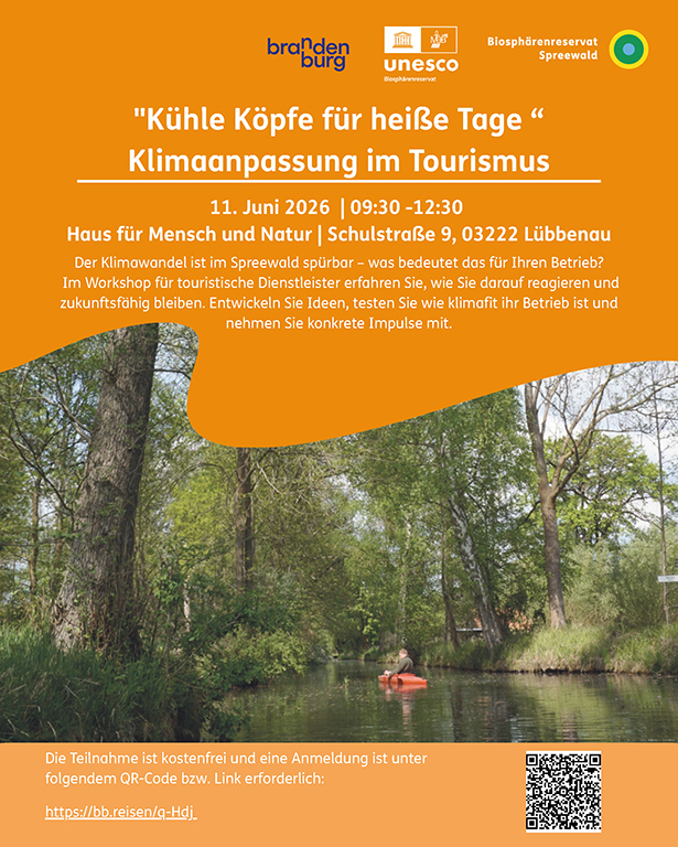 Zu sehen ist das Ankündigungsplakat zum Workshop zur Klimaanpassung im Spreewald-Tourismus.