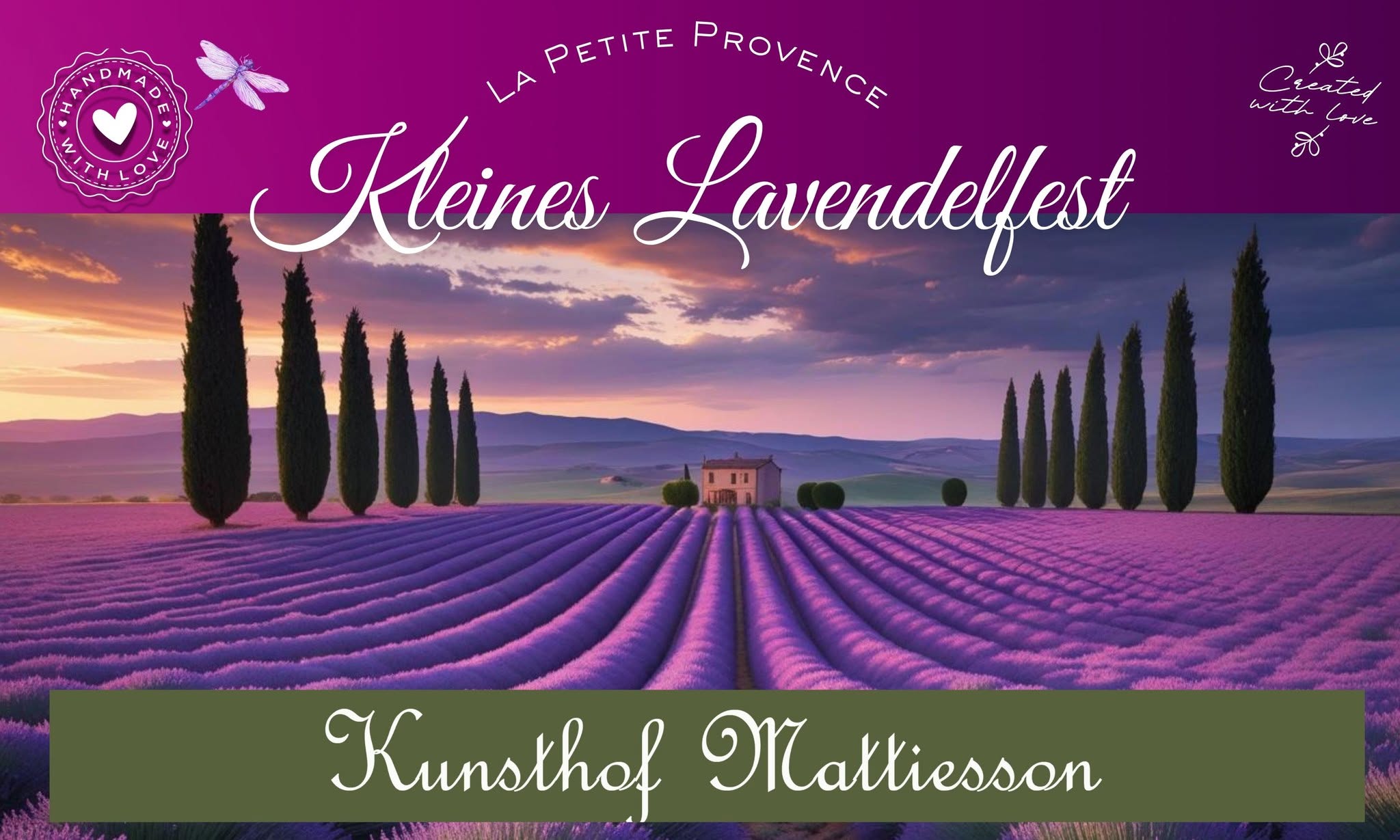 Zu sehen ist das Ankündigungsplakat zu La Petite Provence - Das 3. kleine Lavendelfest von Mattiesson. Zu sehen ist das Ankündigungsplakat zu La Petite Provence - Das 3. kleine Lavendelfest von Mattiesson.