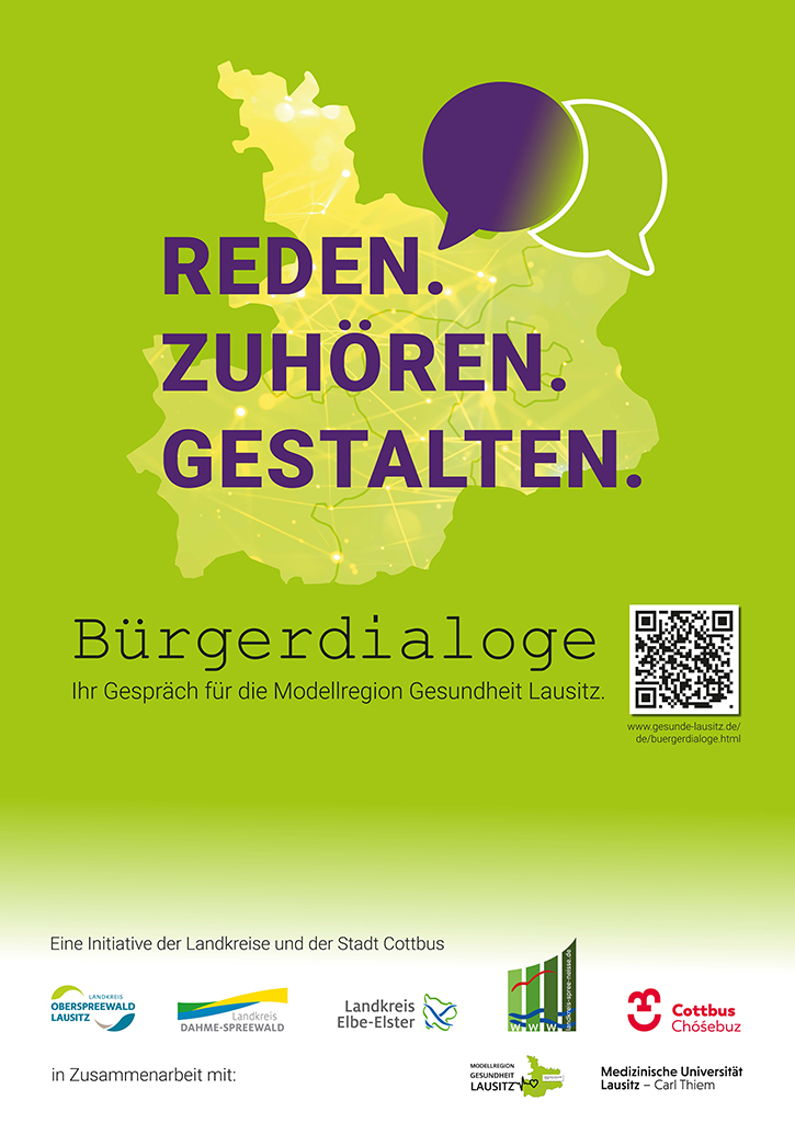 Zu sehen ist das Ankündigungsplakat zum Bürgerdialoge der Modellregion Gesundheit Lausitz in Lübbenau. Zu sehen ist das Ankündigungsplakat zum Bürgerdialoge der Modellregion Gesundheit Lausitz in Lübbenau.