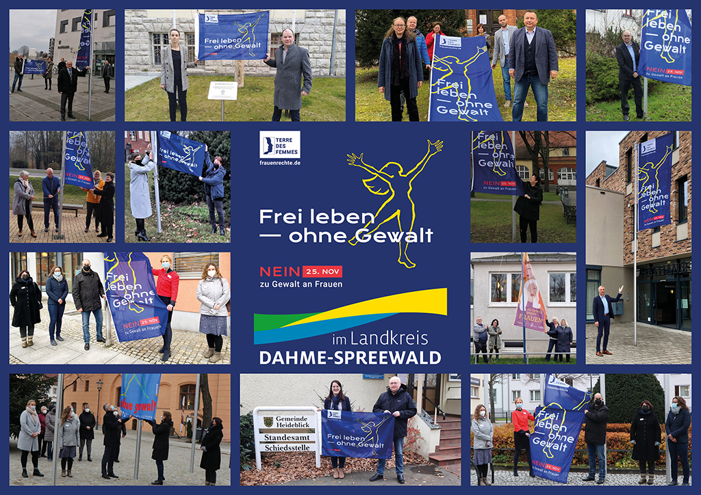 Die beteiligten Städte und Gemeinden im Landkreis Dahme-Spreewald 2021 im Uhrzeigersinn: Zeuthen, Heidesee, Schulzendorf, Wildau, Bestensee, Lübben (Landratsamt), Heideblick, Luckau, Lübben (Rathaus), Königs Wusterhausen (Landratsamt), Mittenwalde, Schönefeld, Eichwalde (© Pressestelle, Landkreis Dahme-Spreewald)