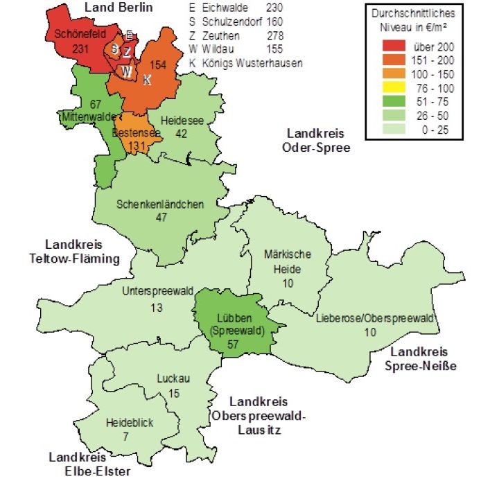 Durchschnittliches Bodenrichtwertniveau für Wohn- und gemischte Bauflächen 2018