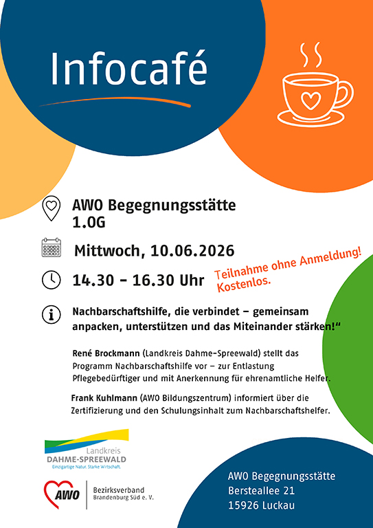 Zu sehen ist das Ankündigungsplakat zum Infocafe in Luckau am 10.06.2026.