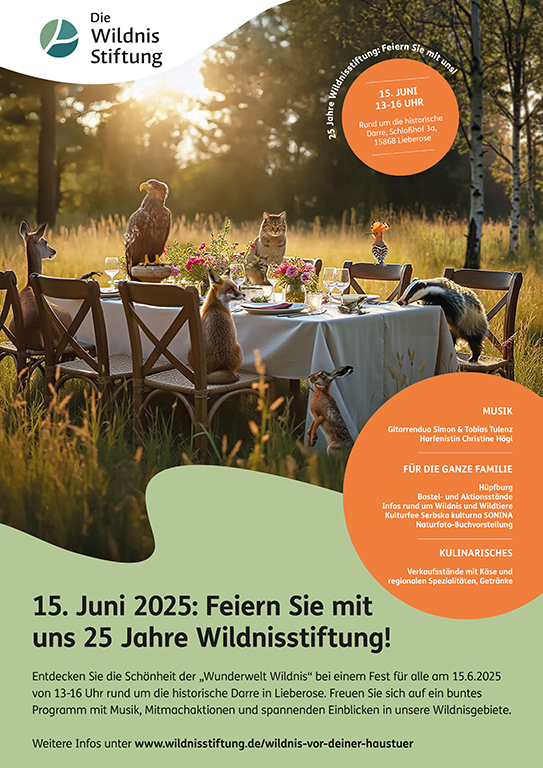 Zu sehen ist das Ankündigungsplakat zum Jubiläumsfest 25 Jahre Wildnisstiftung.