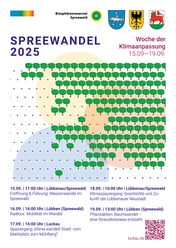 Zu sehen ist das Ankündigungsplakat zur Woche der Klimaanpassung in Lübbenau, Lübben und Luckau. Zu sehen ist das Ankündigungsplakat zur Woche der Klimaanpassung in Lübbenau, Lübben und Luckau.