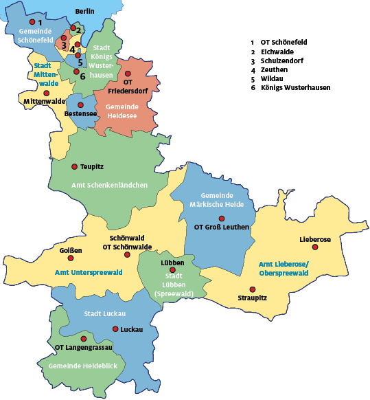 Karte mit allen Ämtern, Gemeinden und Städten des Landkreieses Dahme-Spreewald