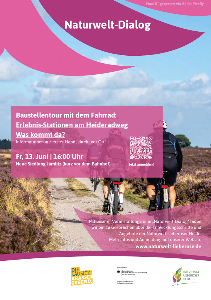 Zu sehen ist das Ankündigungsplakat zur Baustellen-Radtour: Naturerlebnis-Stationen am Heideradweg mit Wüsten-Picknick. Zu sehen ist das Ankündigungsplakat zur Baustellen-Radtour: Naturerlebnis-Stationen am Heideradweg mit Wüsten-Picknick.