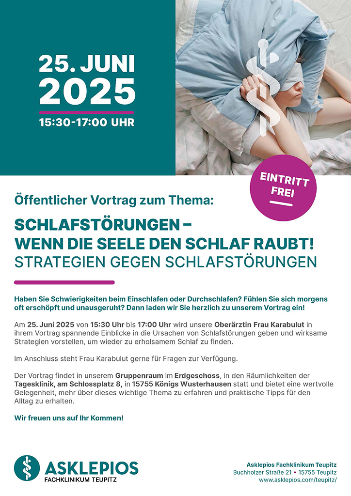 Zu sehen ist das Ankündigungsplakat zum Vortrag 'SCHLAFSTÖRUNGEN – WENN DIE SEELE DEN SCHLAF RAUBT!'. Zu sehen ist das Ankündigungsplakat zum Vortrag 'SCHLAFSTÖRUNGEN – WENN DIE SEELE DEN SCHLAF RAUBT!'.