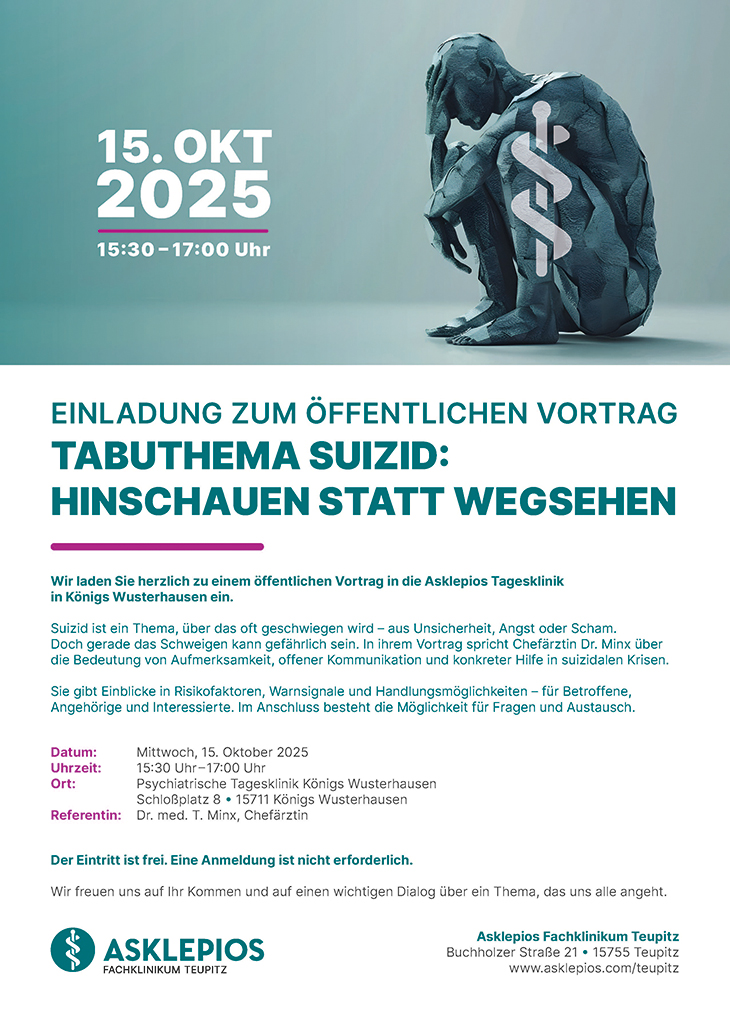 Zu sehen ist das Ankündigungsplakat zum öffentlichen und kostenlosen Vortrag zum Thema „Tabuthema Suizid: Hinschauen statt wegsehen".
