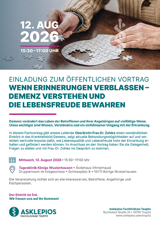 Zu sehen ist die Einladung zum öffentlichen Vortrag 'Wenn Erinnerungen verblassen – Demenz verstehen und die Lebensfreude bewahren'.