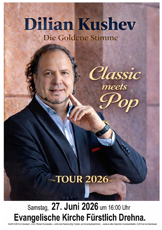 Zu sehen ist das Ankündigungsplakat zu Dilian KUSHEV – „Die Goldene Stimme“.