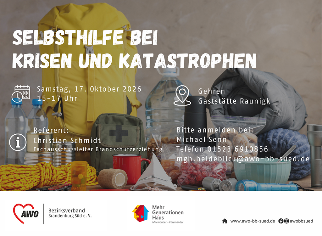 Zu sehen ist das Ankündigungsplakat zu "Selbsthilfe bei Krisen und Katastrophen".