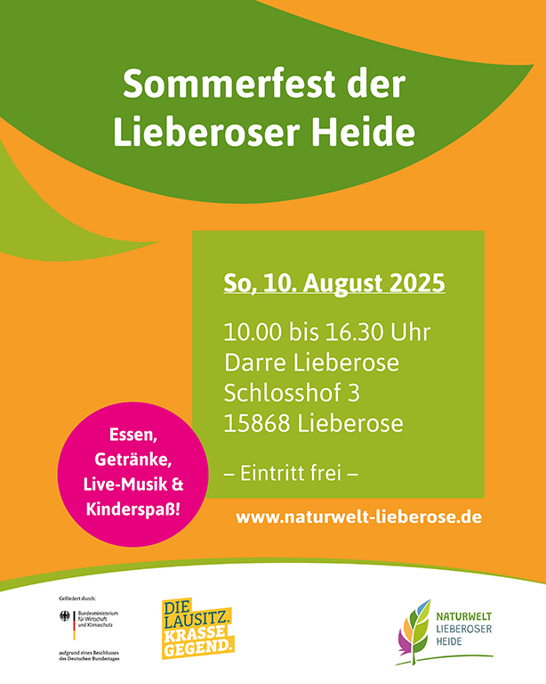Zu sehen ist das Ankündigungsplakat zum Sommerfest 2025 der Lieberoser Heide. Zu sehen ist das Ankündigungsplakat zum Sommerfest 2025 der Lieberoser Heide.