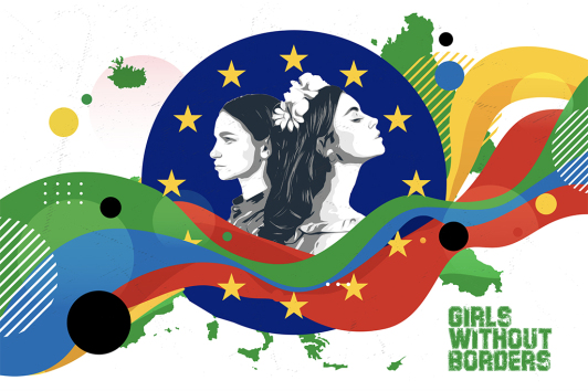 Sie sehen die Grafik zum Mädchenprojekt „Girls without borders“. Sie sehen die Grafik zum Mädchenprojekt „Girls without borders“.