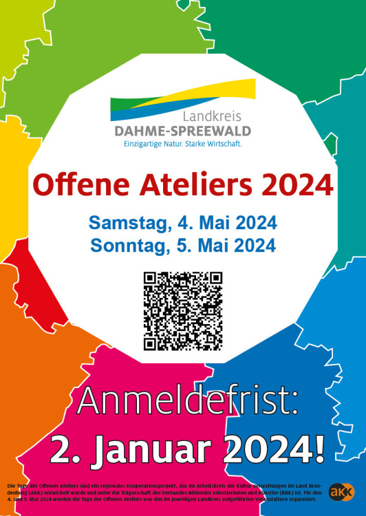 Zu sehen ist das Plakat zum Aufruf um Anmeldung zu den Offenen Ateliers 2024 bis zum 2. Januuar 2024. Zu sehen ist das Plakat zum Aufruf um Anmeldung zu den Offenen Ateliers 2024 bis zum 2. Januuar 2024.