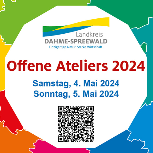 Zu sehen ist das Plakat zum Aufruf um Anmeldung zu den Offenen Ateliers 2024 bis zum 2. Januuar 2024.