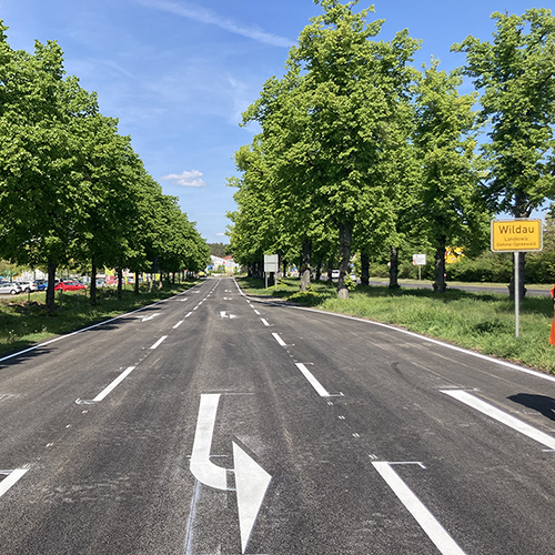 Zu sehen ist die Instandsetzung der Kreisstraße K6160 zwischen der Anschlussstelle zur B179/ L400 und dem 2. Kreisverkehr in Wildau.