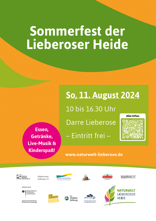 Zu sehen ist das Ankündigungsplakat zum Sommerfest 2024 der Lieberoser Heide. Zu sehen ist das Ankündigungsplakat zum Sommerfest 2024 der Lieberoser Heide.