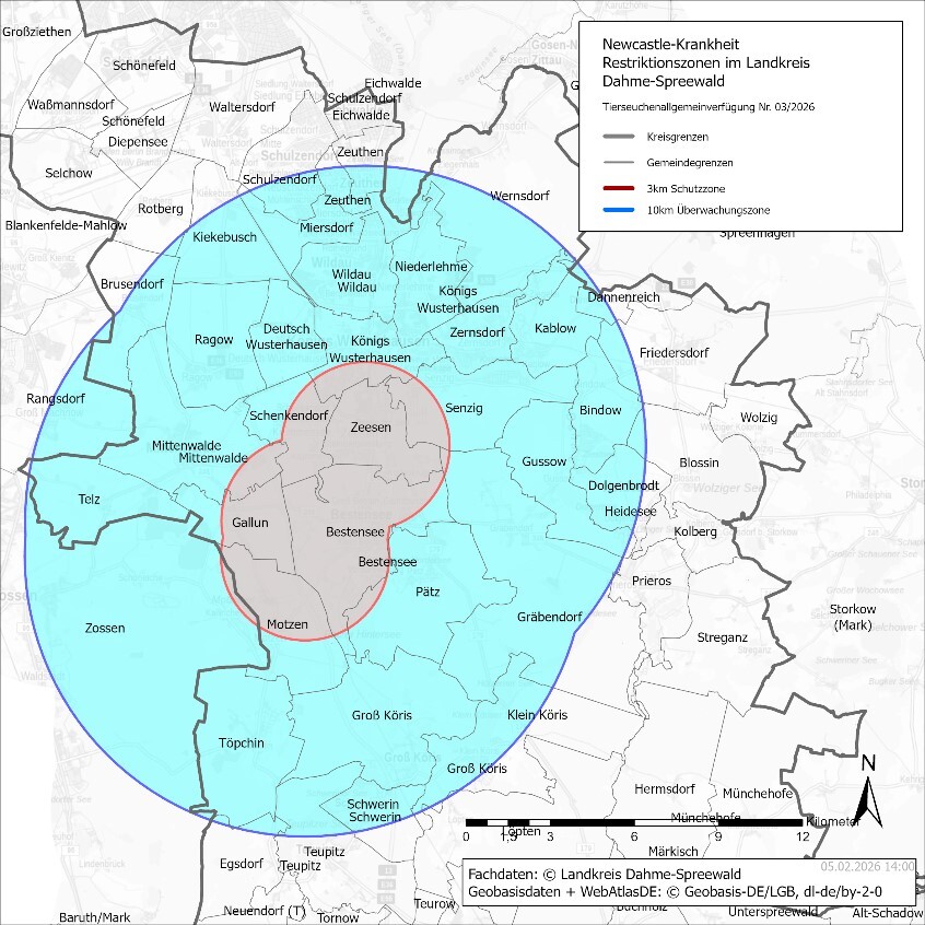 Restriktionszone zum Newcastle Virus Ausbruch