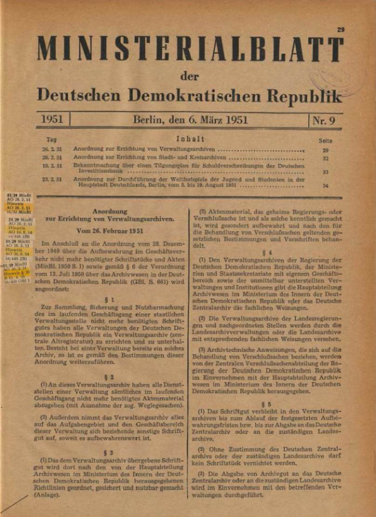 Anordnung zur Errichtung von Stadt- und Kreisarchiven, 26. Februar 1951.