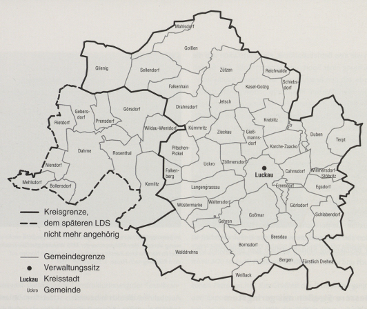 Zu sehen ist der Kreis Luckau nach der Kreisgebietsreform 1952.