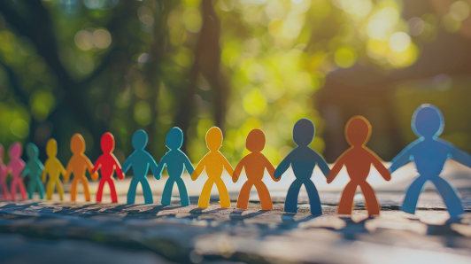 Eine Gruppe bunter Papierfiguren, die sich vor einem verschwommenen Hintergrund an den Händen halten © InfiniteFlow - stock.adobe.com