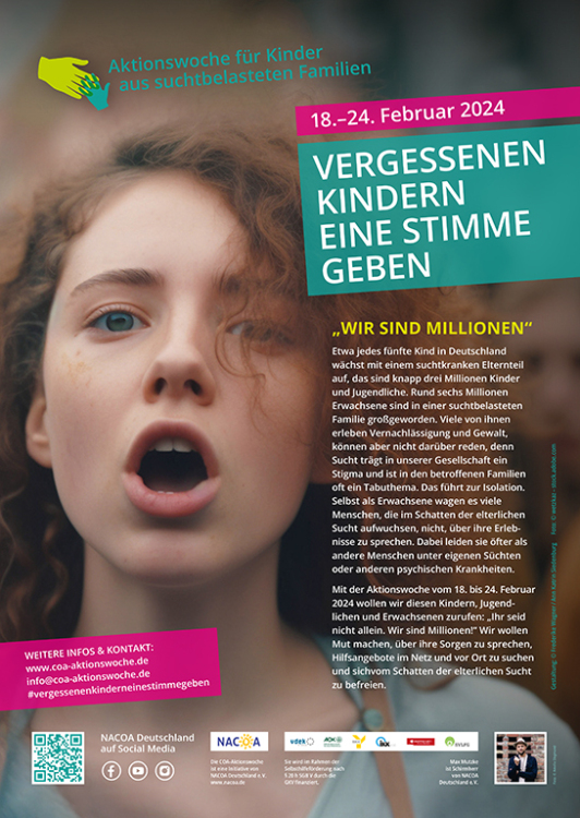 Zu sehen ist das Ankündigungsplakat zur "Aktionswoche für Kinder aus suchtbelasteten Familien". Zu sehen ist das Ankündigungsplakat zur "Aktionswoche für Kinder aus suchtbelasteten Familien".