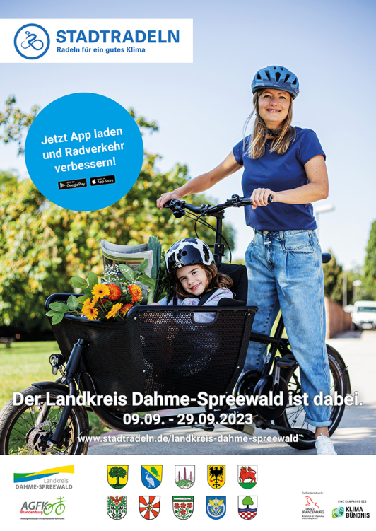 Zu sehen ist das Ankündigungsplakat zum Stadtradeln 2023 im Landkreis Dahme-Spreewald.
