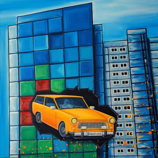 Roadtrip Ost Teil II Denis Kuschel Ein Kunstwerk von Denis Kuschel, auf dem ein gelbes Auto vor einer blau-, rot-, grünen Hauswand abgebildet ist.