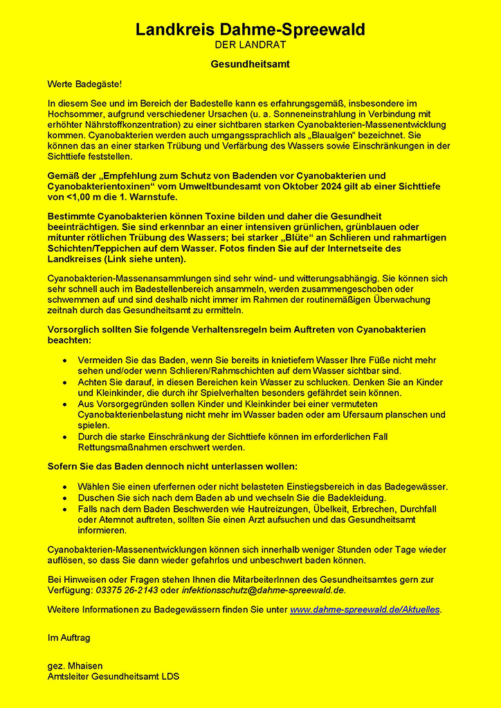 Zu sehen ist der aktuelle gelbe Warnhinweis zur Bildung von Cyanobakterien (Blaualgen).