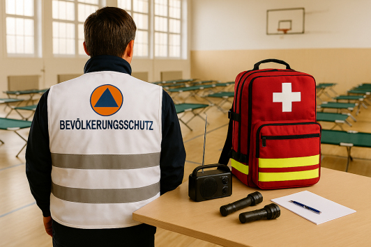 Zu sehen ist eine umgebaute Turnhalle zur Unterbringung von Menschen im Ernstfall.