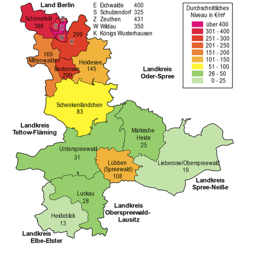 Zu sehen ist das durchschnittliche Niveau bei den Bodenrichtwerten für 2023 in €/qm.