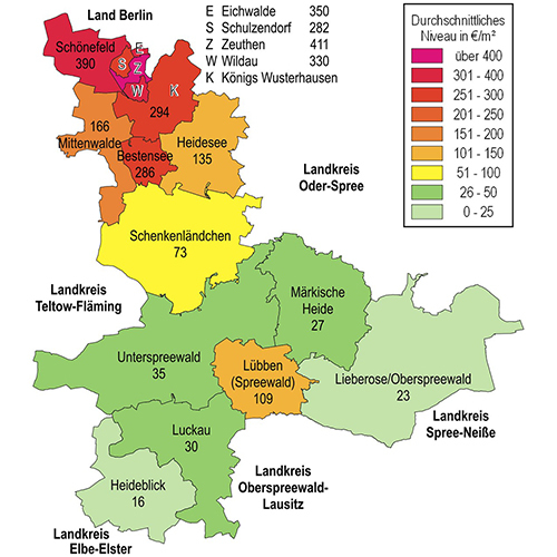 Zu sehen ist das durchschnittliche Bodenrichtwertniveau (W/M) im Landkreis Dahme-Spreewald.