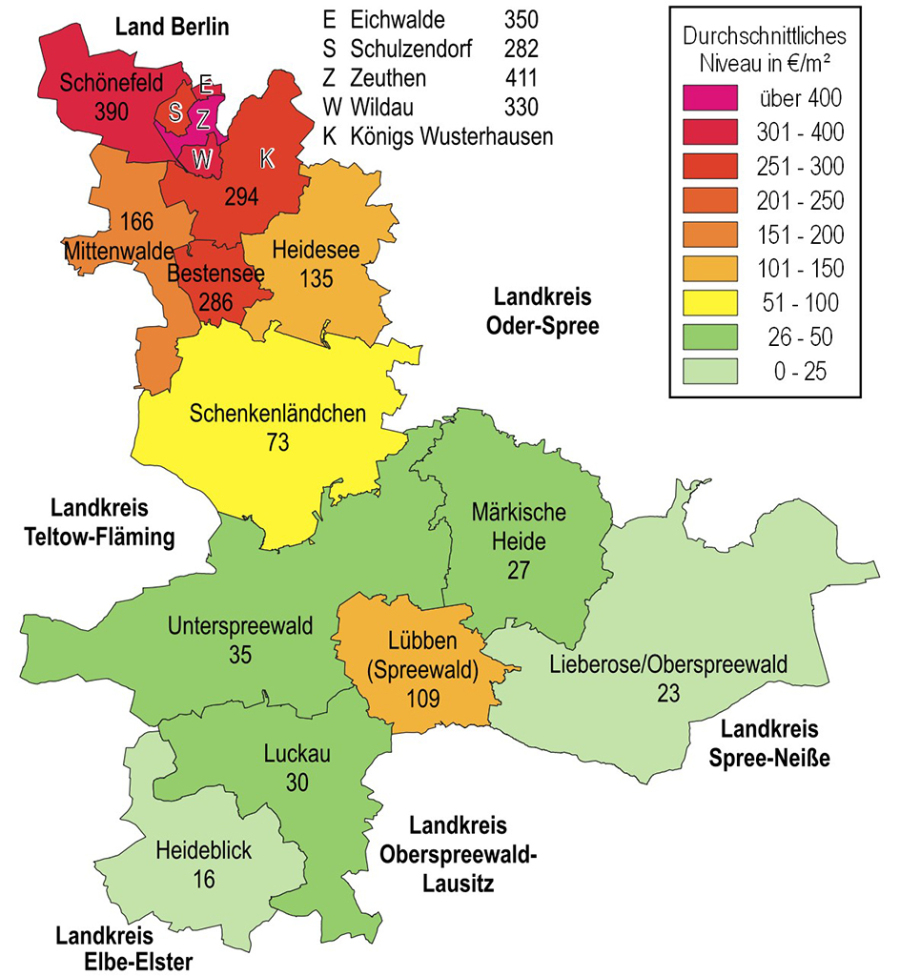 Zu sehen ist das durchschnittliche Bodenrichtwertniveau (W/M) im Landkreis Dahme-Spreewald.