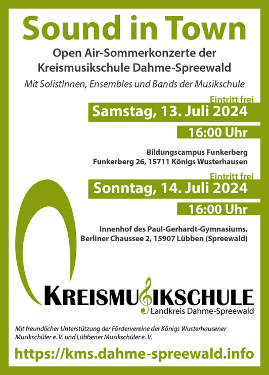 Zu sehen ist das Ankündigungsplakat "Sound in Town 2024" in Königs Wusterhausen und Lübben. Zu sehen ist das Ankündigungsplakat "Sound in Town 2024" in Königs Wusterhausen und Lübben.
