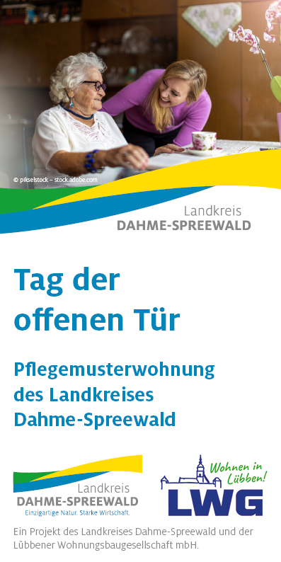 Zu sehen ist der Ankündigungsflyer zum Tag der offenen Tür der Pflegemusterwohnung des Landkreises Dahme-Spreewald.