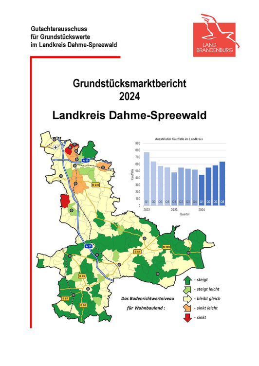 Zu sehen ist das Deckblatt Grundstücksmarktbericht 2024 vom Landkreis Dahme-Spreewald. Zu sehen ist das Deckblatt Grundstücksmarktbericht 2024 vom Landkreis Dahme-Spreewald.