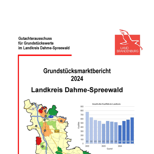 Zu sehen ist das Deckblatt Grundstücksmarktbericht 2024 vom Landkreis Dahme-Spreewald.