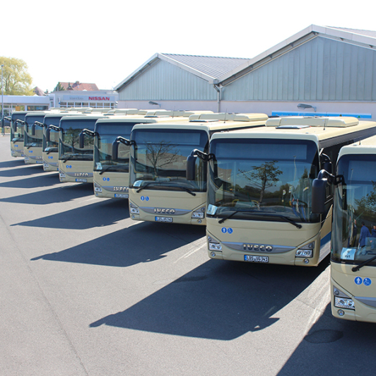 Zu sehen sind aufgereihte Busse der Regionalen Verkehrsgesellschaft Dahme-Spreewald mbH in Luckau.