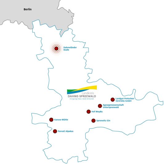 Zu sehen ist eine Karte des Landkreises inkl den sechs regionalen Betrieben/Produzenten. Zu sehen ist eine Karte des Landkreises inkl den sechs regionalen Betrieben/Produzenten.