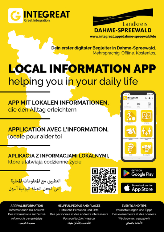 Zu sehen ist das Plakat zum Start der Integreat-App im Landkreis Dahme-Spreewald. Zu sehen ist das Plakat zum Start der Integreat-App im Landkreis Dahme-Spreewald.