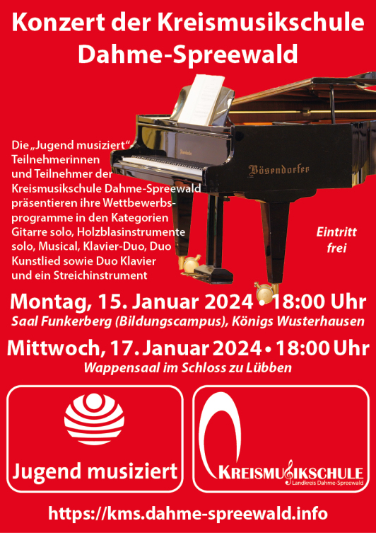 Zu sehen ist das Ankündigungsplakat zum Konzert der Teilnehmerinnen und Teilnehmer zu „Jugend musiziert“ im Januar 2024. Zu sehen ist das Ankündigungsplakat zum Konzert der Teilnehmerinnen und Teilnehmer zu „Jugend musiziert“ im Januar 2024.