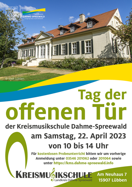 Auf dem Bild sehen Sie das Ankündigungsplakat des Tag der öffenen Tür der Kreismusikschule für das Jahr 2023.