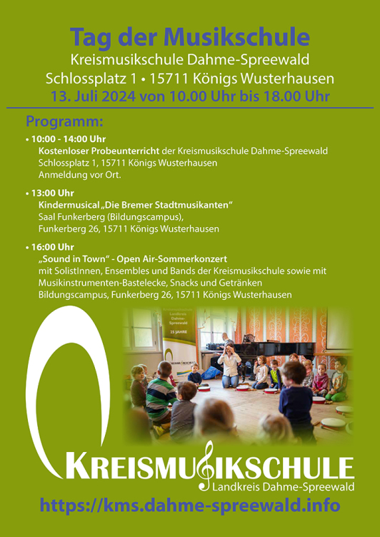 Zu sehen ist das Ankündigungsplakat zum "Tag der Musikschule 2024" in Königs Wusterhausen. Zu sehen ist das Ankündigungsplakat zum "Tag der Musikschule 2024" in Königs Wusterhausen.