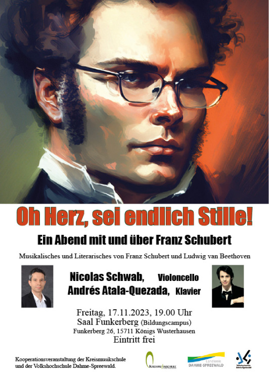 Zu sehen ist das Ankündigungsplakat zu der Veranstaltung 'Ein Abend mit und über Franz Schubert'.
