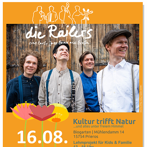 Zu sehen ist das Ankündigungsplakat zum Konzert „die Railers“ am 16. August im Biogarten Prieros.