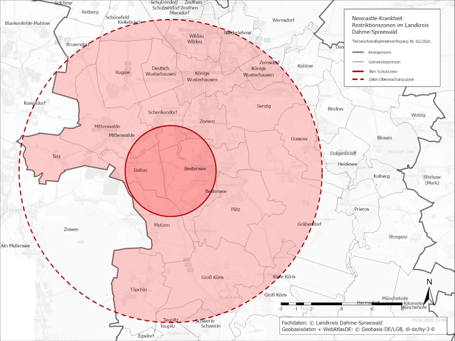 Zu sehen sind die Restriktionszonen im Landkreis Dahme-Spreewald zur Newcastle-Krankheit.