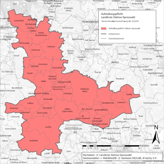 Zu sehen ist die Aufstallungspflicht für den gesamten Landkreis Dahme-Spreewald ab dem 29. Oktober 2025 für zunächst 30 Tage. Zu sehen ist die Aufstallungspflicht für den gesamten Landkreis Dahme-Spreewald ab dem 29. Oktober 2025 für zunächst 30 Tage.