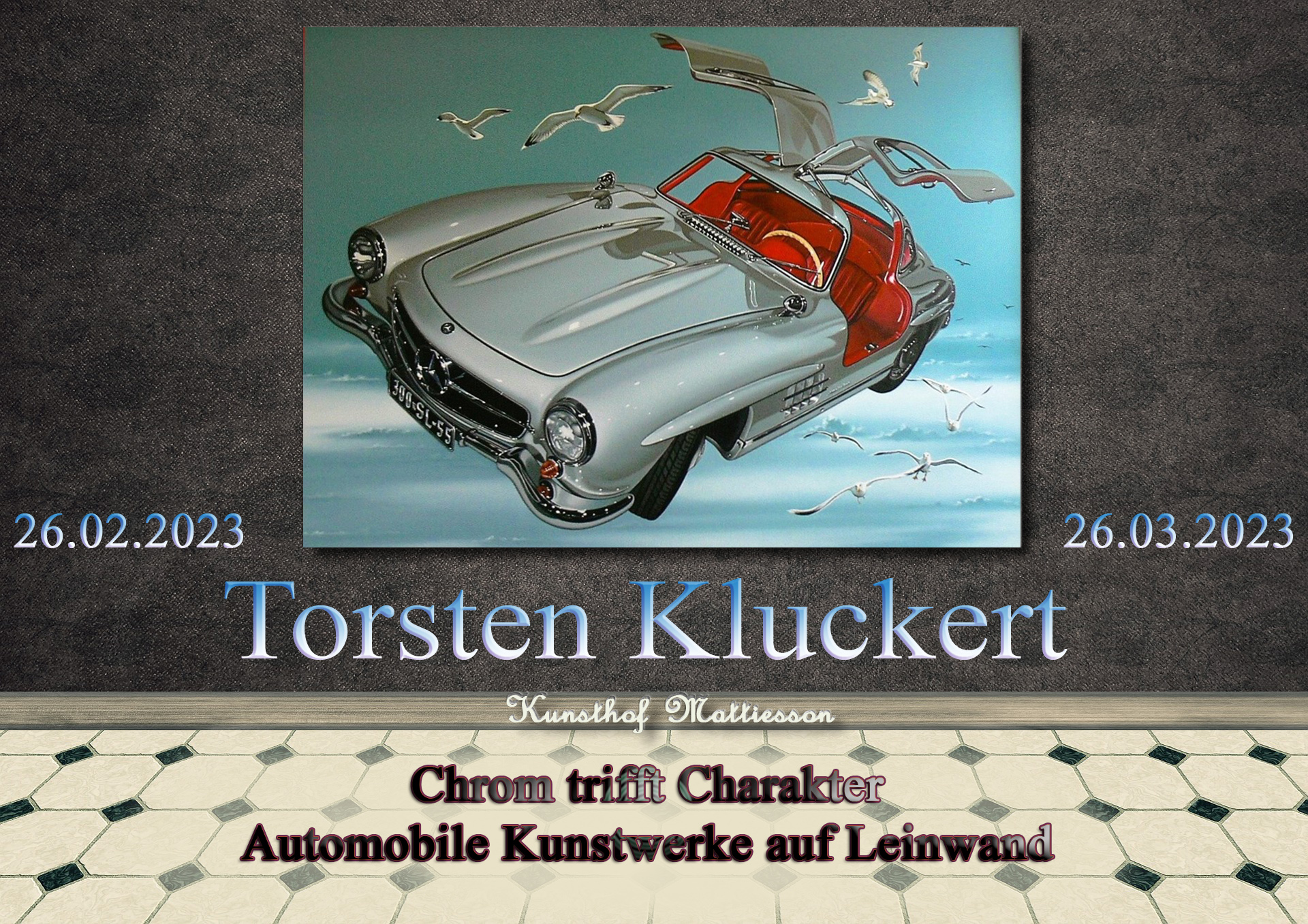 Auf dem Bild sehen sie das Ankündigung zur Ausstellung "Chrom trifft auf Charakter Automobile Kunstwerke auf Leinwand". Auf dem Bild sehen sie das Ankündigung zur Ausstellung "Chrom trifft auf Charakter Automobile Kunstwerke auf Leinwand".